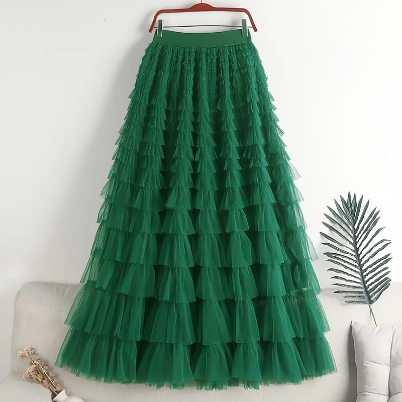 95cm 2023 New Summer Solid Mesh Skirts Gothic Multilayer Patchwork Cake Skirts High Waist Slim Maxi Tulle Skirts for Women