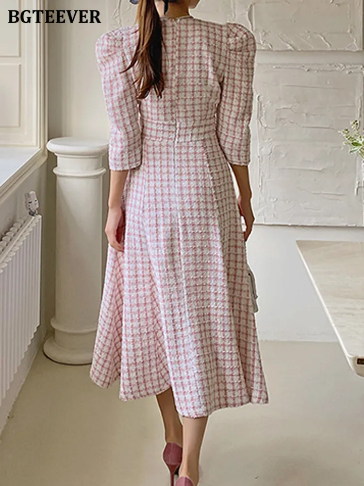 BGTEEVER Elegant Puff Sleeve Women A-line Dress Spring Summer Slim Waist Female Plaid Dress Chic Mid-length Ladies vestidos