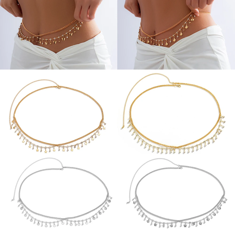 

Woman'S Double Layered Tassel Waist Chain Rhinestone Butterfly Waistband Sexy Slimming Body Chain Silver Stars Waistband