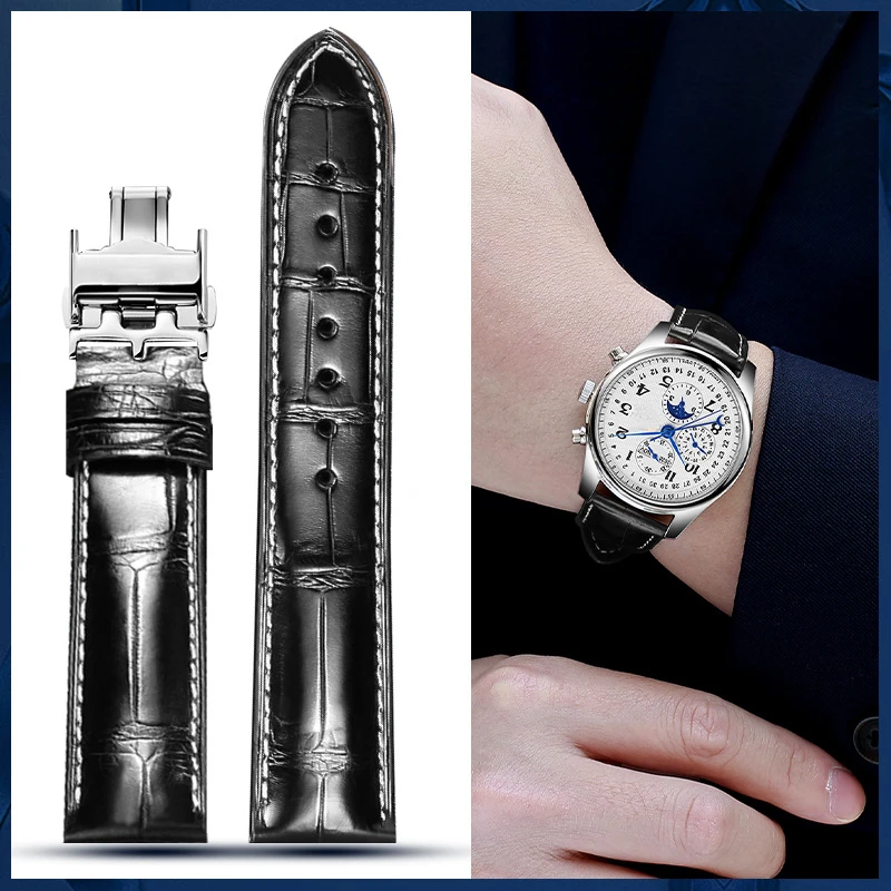 Crocodile Strap Suitable for Longines Watches (Master Presence Conquest), Double Button Butterfly Clasp