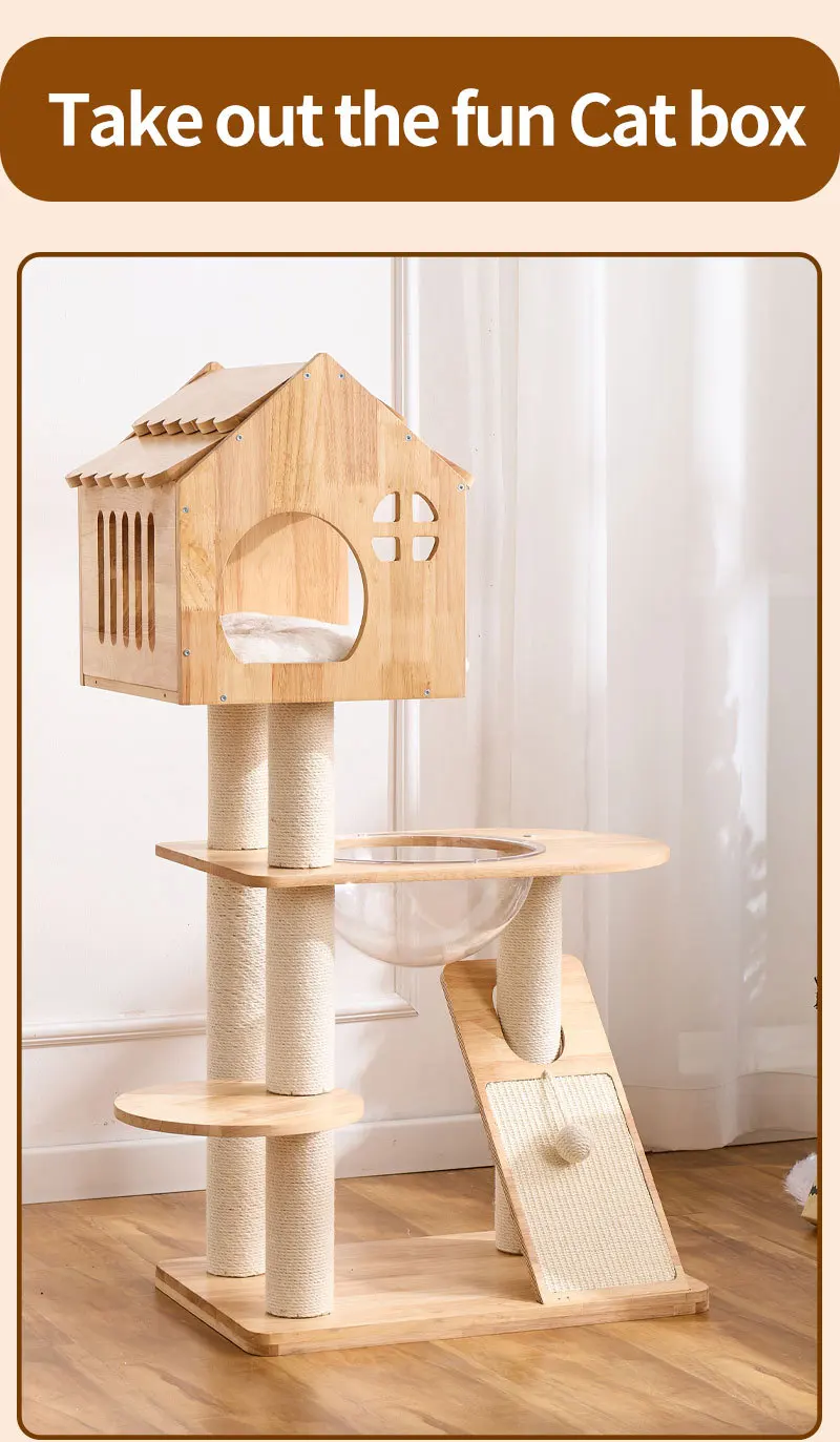 

Wooden Space Capsule Cat Tree with Scratching Posts & Perches, Natural Solid Wood Climbing Tower for Cats, Indoor Cat Furniture