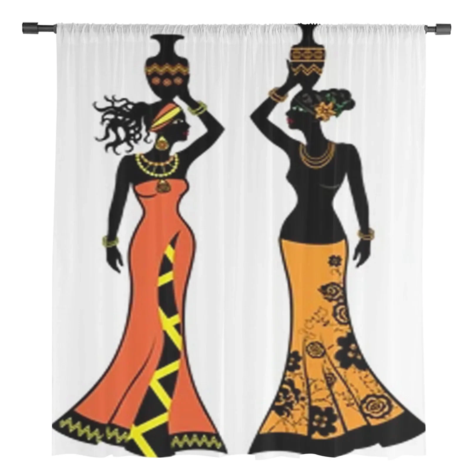 Beautiful African Woman With Vases Chiffon Sheer Curtains For Living Room Bedroom Decor Kitchen Window Voiles Tulle Curtain