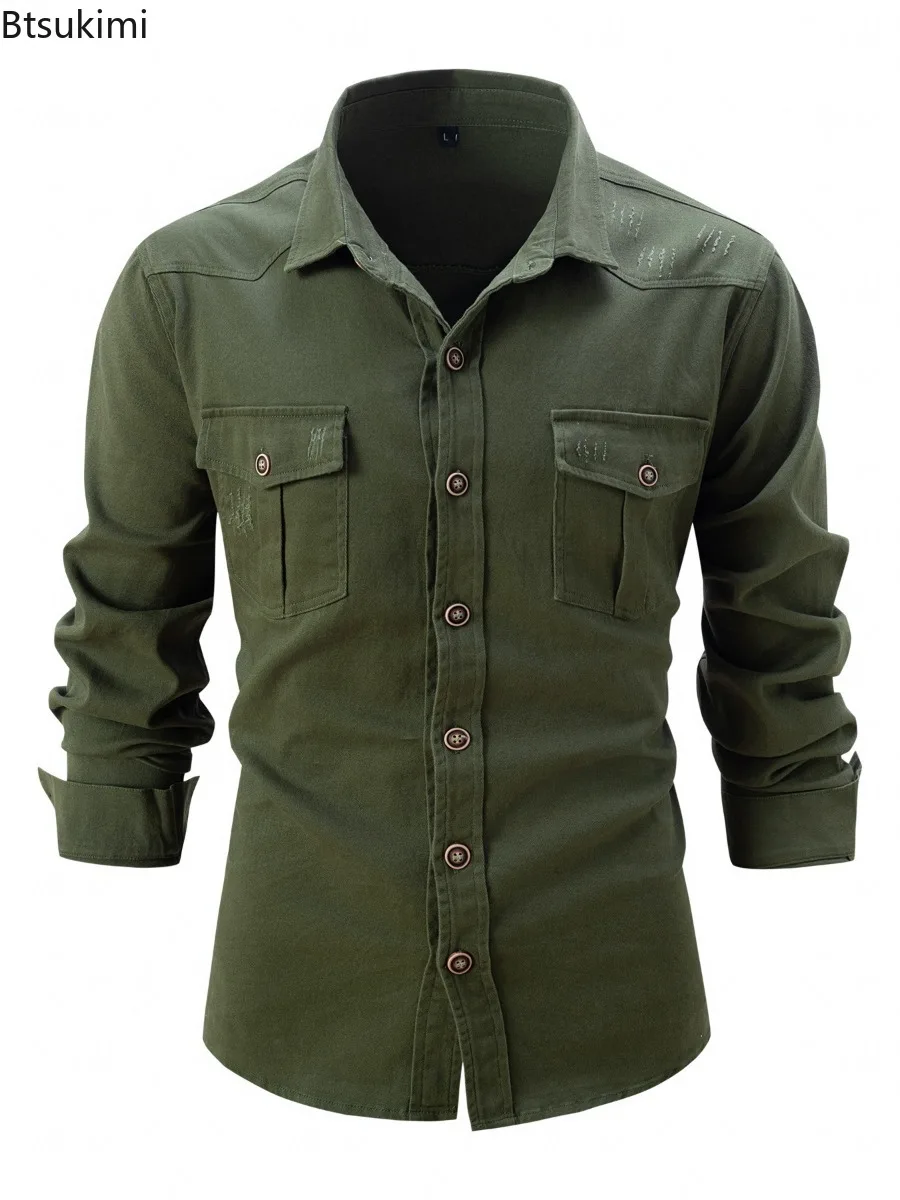 Men's Autumn Winter Wash Stretch Cotton Shirts Casual Fashion Business Long Sleeve Shirts Double Pocket Design Men Shirt Jackets
