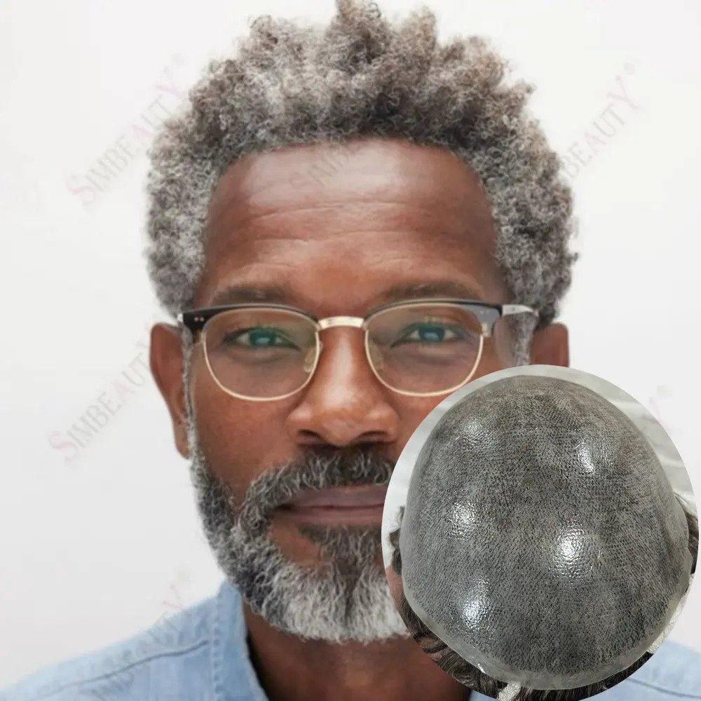 

6 мм афро вьющиеся мужские парики, прочная инъекционная система волос из искусственной кожи для черных мужчин1b50 1b80Серый черный человеческие волосы, мужской протез для волос