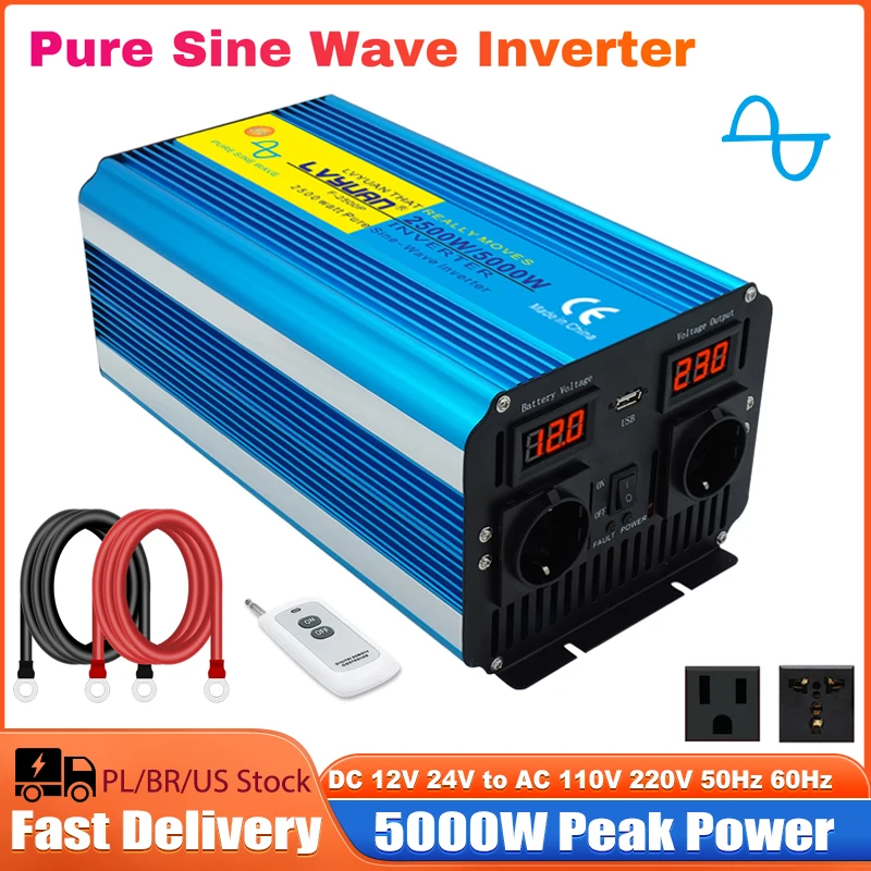 5000W Pure Sine Wave Power Inverter DC 12V/24V To AC 220V 110V LED Voltage Display Solar Converter Dual Universal EU US Socket