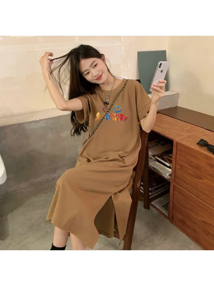 Summer Oversized Women Black Maxi Dress Colorful Heart Letter Print Short Sleeve Casual Loose T-shirt Dress Daily Wear