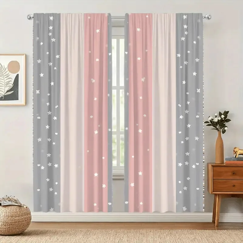 pink gray star pattern curtain for kids room bedroom privacy and decor polyester fabric Enhance spatial aesthetics Quick Setup
