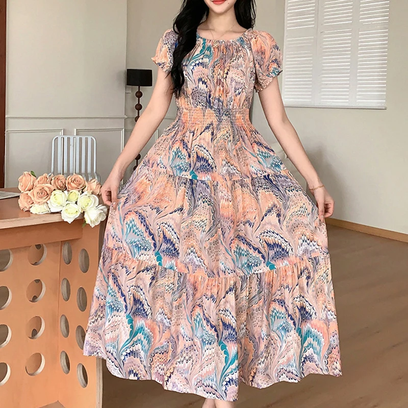 Abito estivo con scollo a barchetta per donna Abito floreale sottile Abiti lunghi Boho Abiti indiani bohémien Abiti casual alla moda coreana