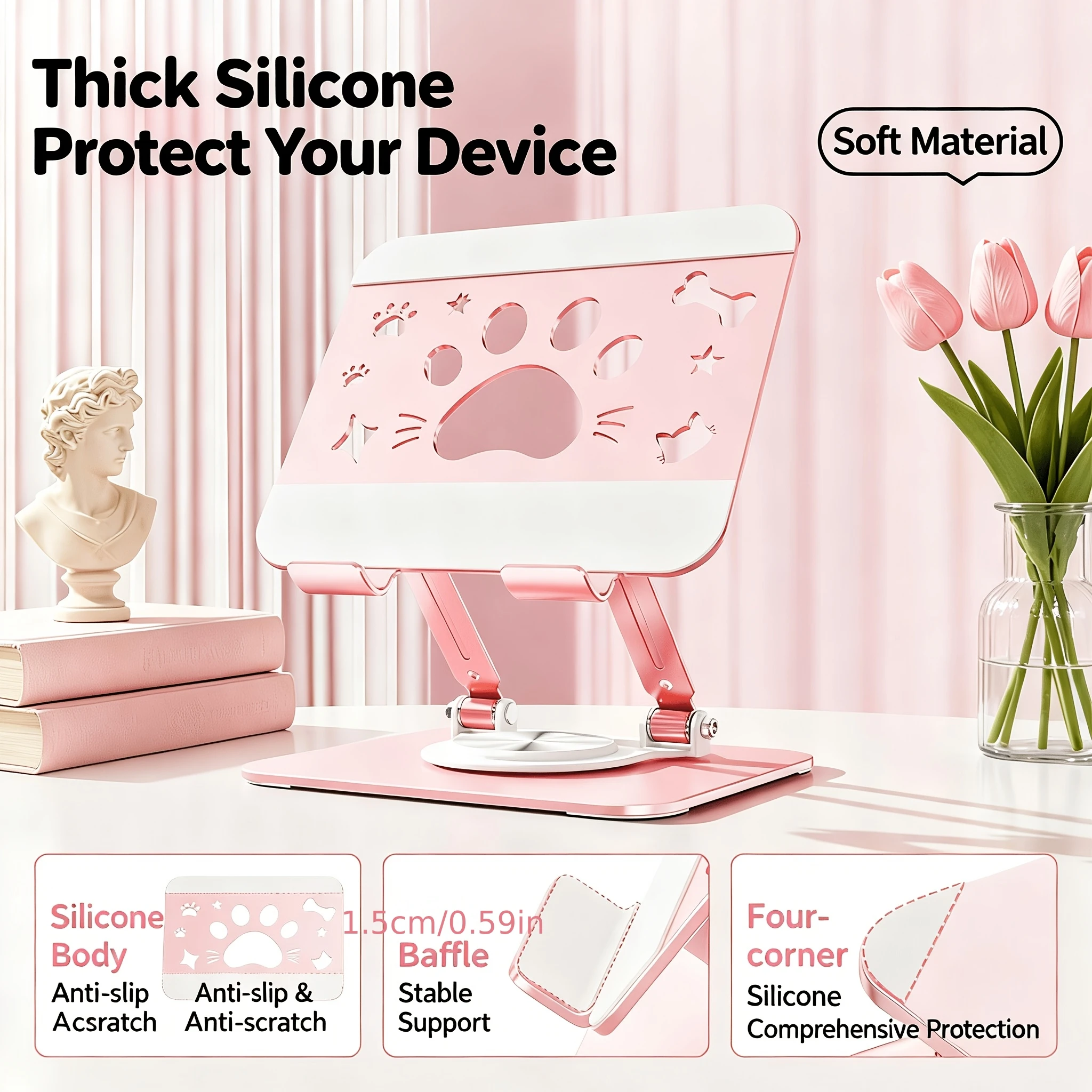 1pc All Metal Cat Paw Tablet Stand Double Base Stable Support Perforated Panel Heat Dissipation Holder Daily Work Study Choice