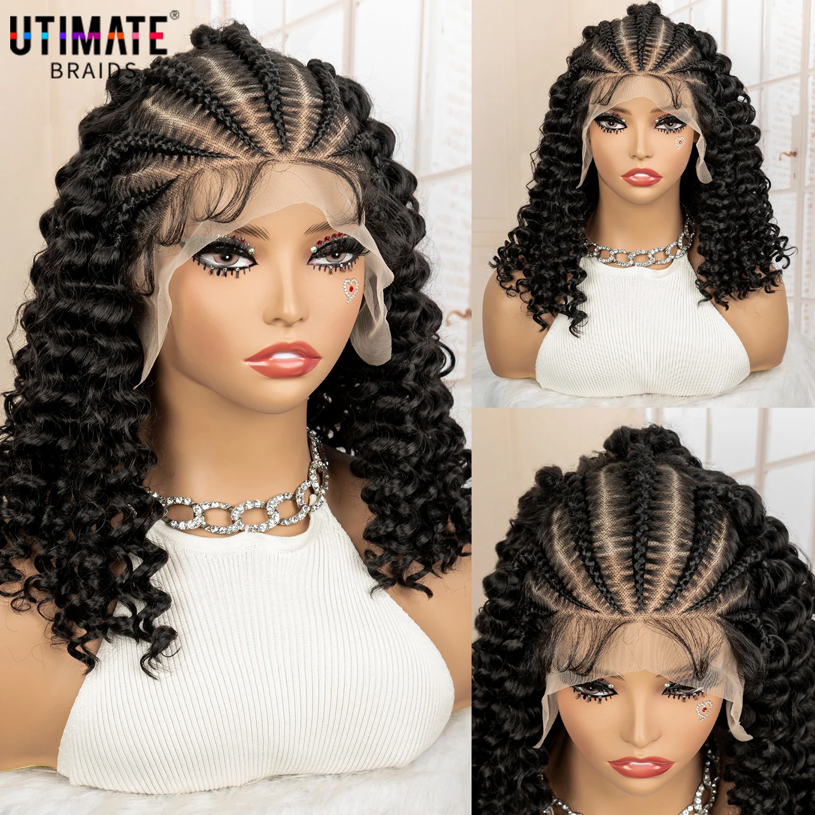 الاصطناعية بوب مجعد الشعر المستعار مع الضفائر 13x6 كامل الدانتيل أمامي 16 بوصة الأفرو مجعد كورنو صندوق شعر مستعار مضفر للنساء السود