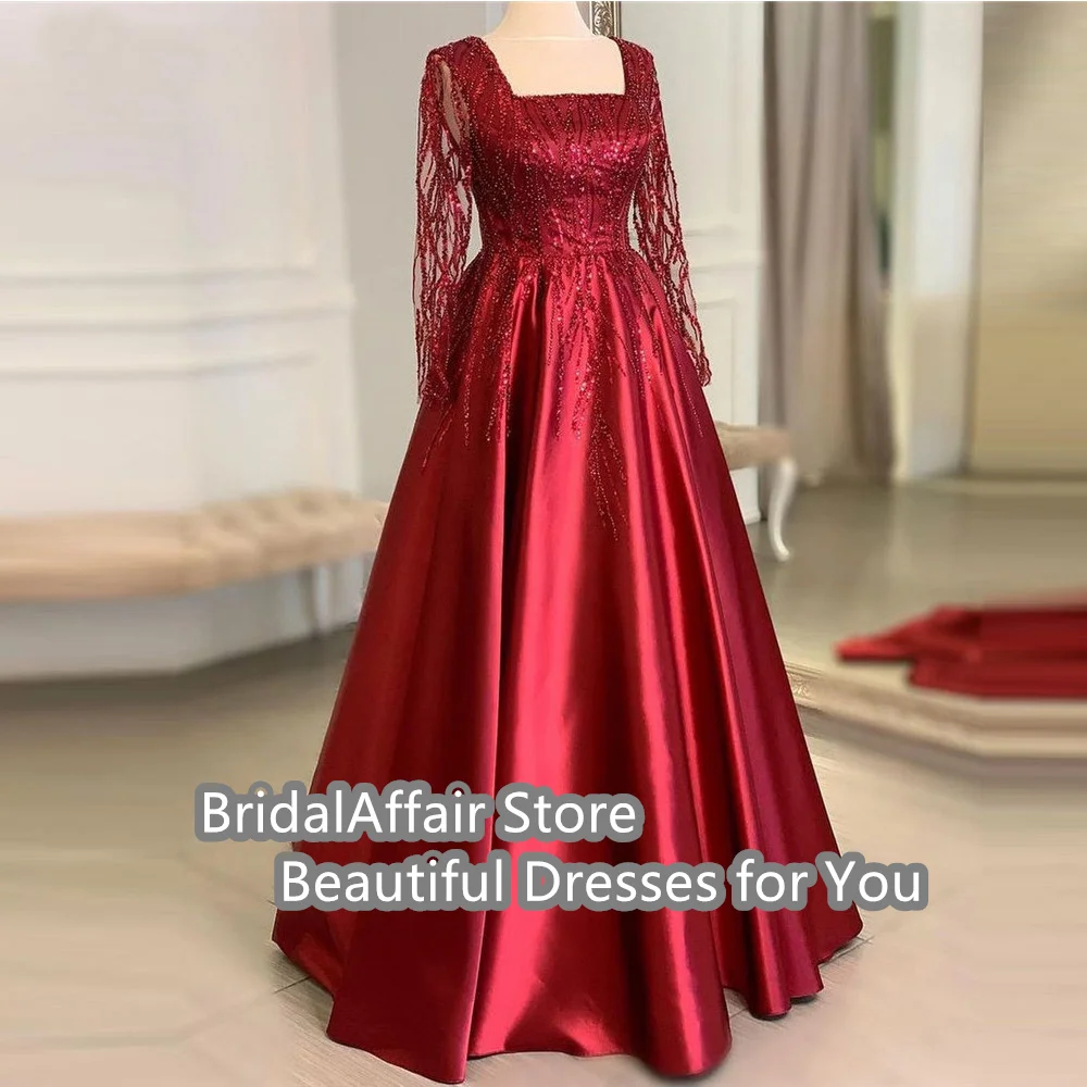 BridalAffair Shiny Red Lace Satin Long Prom Dresses Long Sleeve Square Neck Floor Length Dubai Arabic Women PatyFormal Gowns