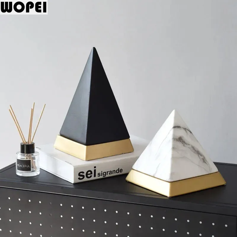 Marble Texture Pyramid Ceramic Statue Desk Decoration Triangle Pyramid Sculpture Modern Crafts Ornaments Room Aesthetic Decor