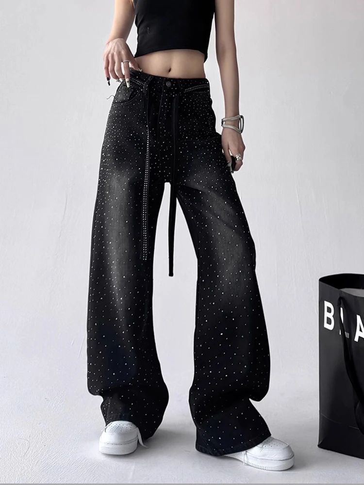 

Y2K High Waist Jeans Women Hot Stamping Diamond Starry Sky Loose Wide Leg Floor Hugging Pants Heavy Industry Style