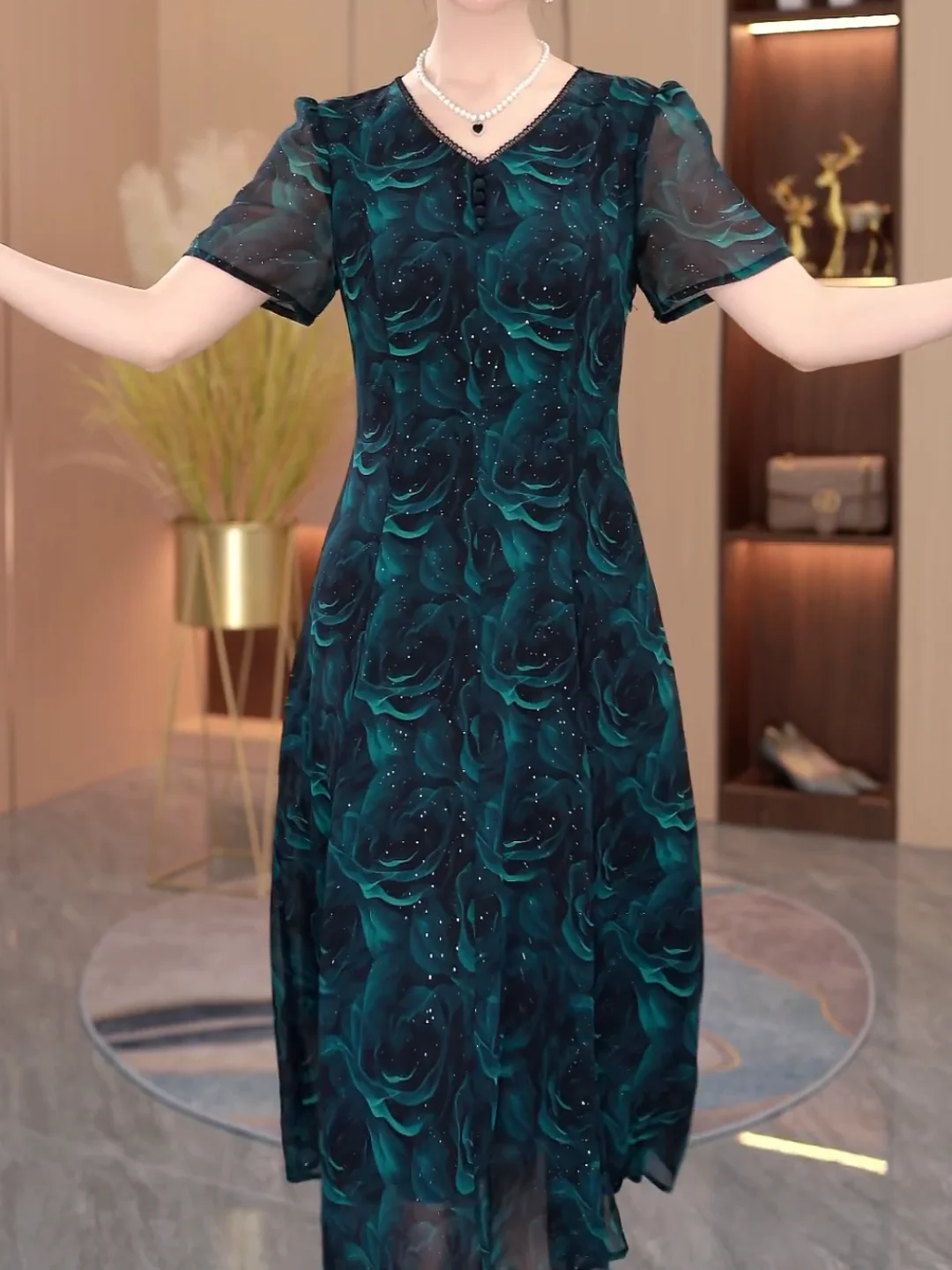 Ele Floral Print Slim Fit Midi Dr Luxury mat Sle Falda acampanada de cintura alta ort Sve V-Ne Daily Wear Summe...