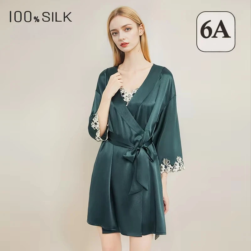 Fashion 100% Mulberry Silk Nightgown French Lace Robe Set Chic Luxury Morning Gown Four Season Wedding Bridesmaid Homewear