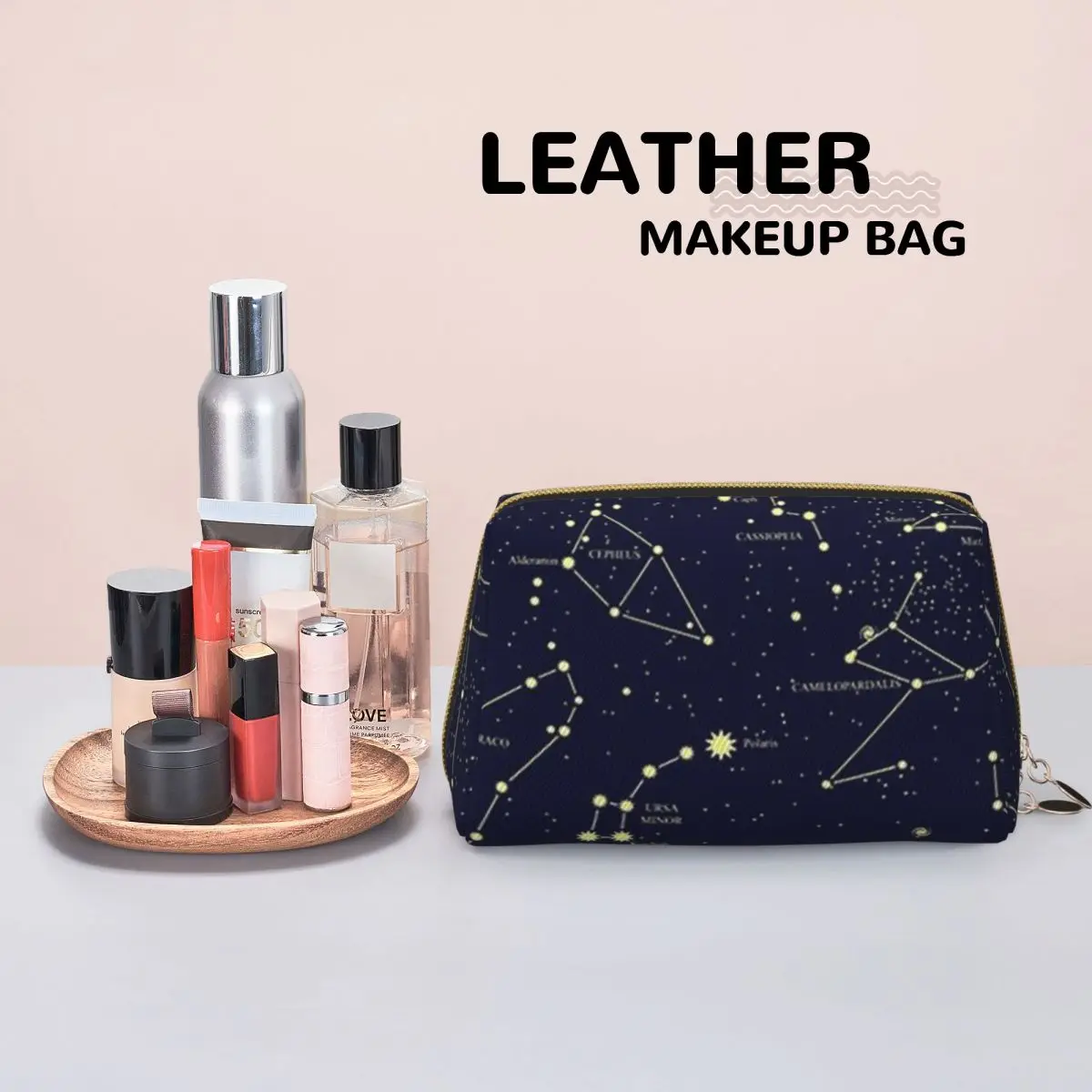 Night Sky Golden Celestial Stars Zodiac Constellations Women Cosmetic Bag Travel Makeup Organizer Pouch Toiletry Storage