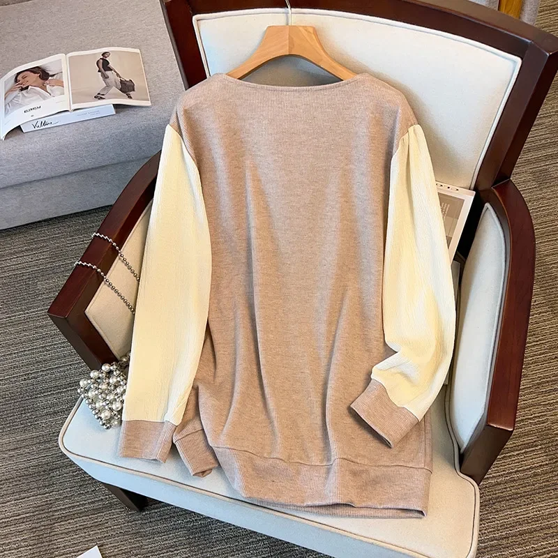 100/150/175kg Bust 150/170cm Big Size Women Clothing Chubby Female Oversize Loose Fitting Round Neck Long Sleeved Tops T Shirts