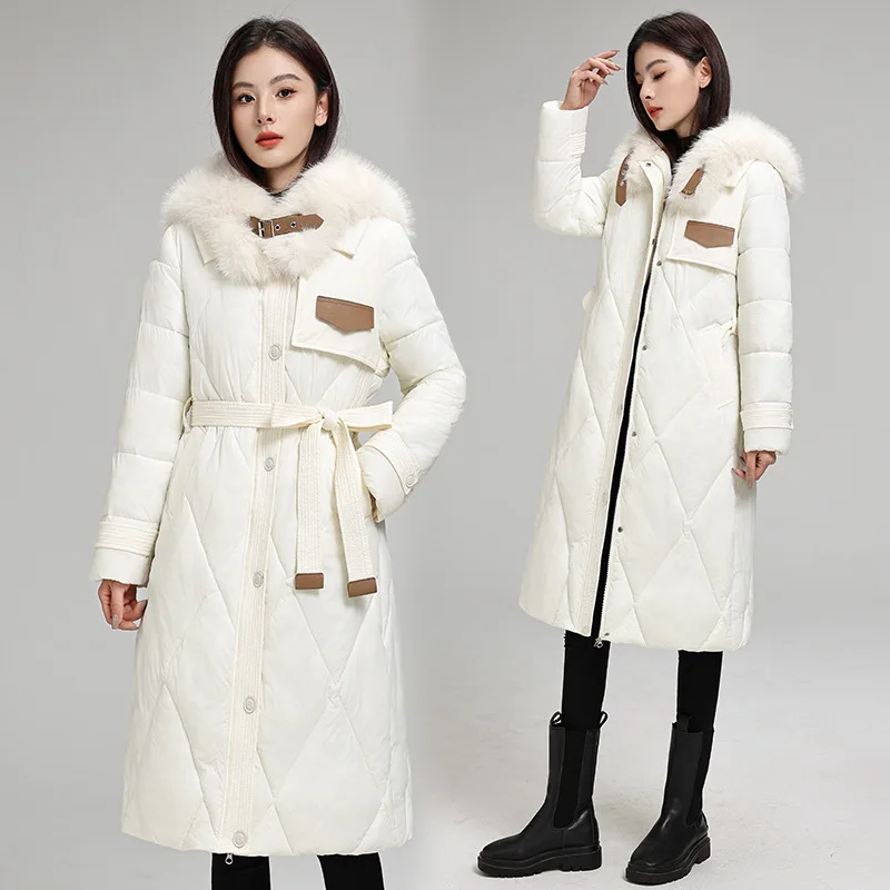 

Oversize Women Parkas Coats Maxi Long Jacket Belted Solid Fur Collar Single Breasted Loose Office Lady Casual 2025 Autumn Winter
