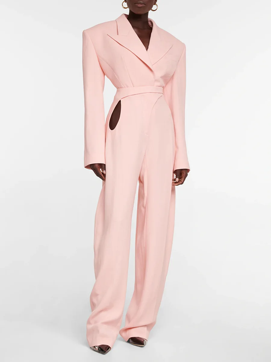 Pink Wanita setelan Blazer 1 Pcs Jumpsuit jaket kasual katun seksi Hollow satu kancing kualitas tinggi mantel (tidak memiliki celana)