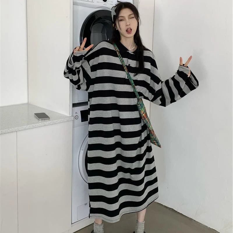 

plus Size 300 Pou Lazy Women's Striped Collar Dr Korean Sle Casual Autumn Faion Straight Cut Long Sve Dr
