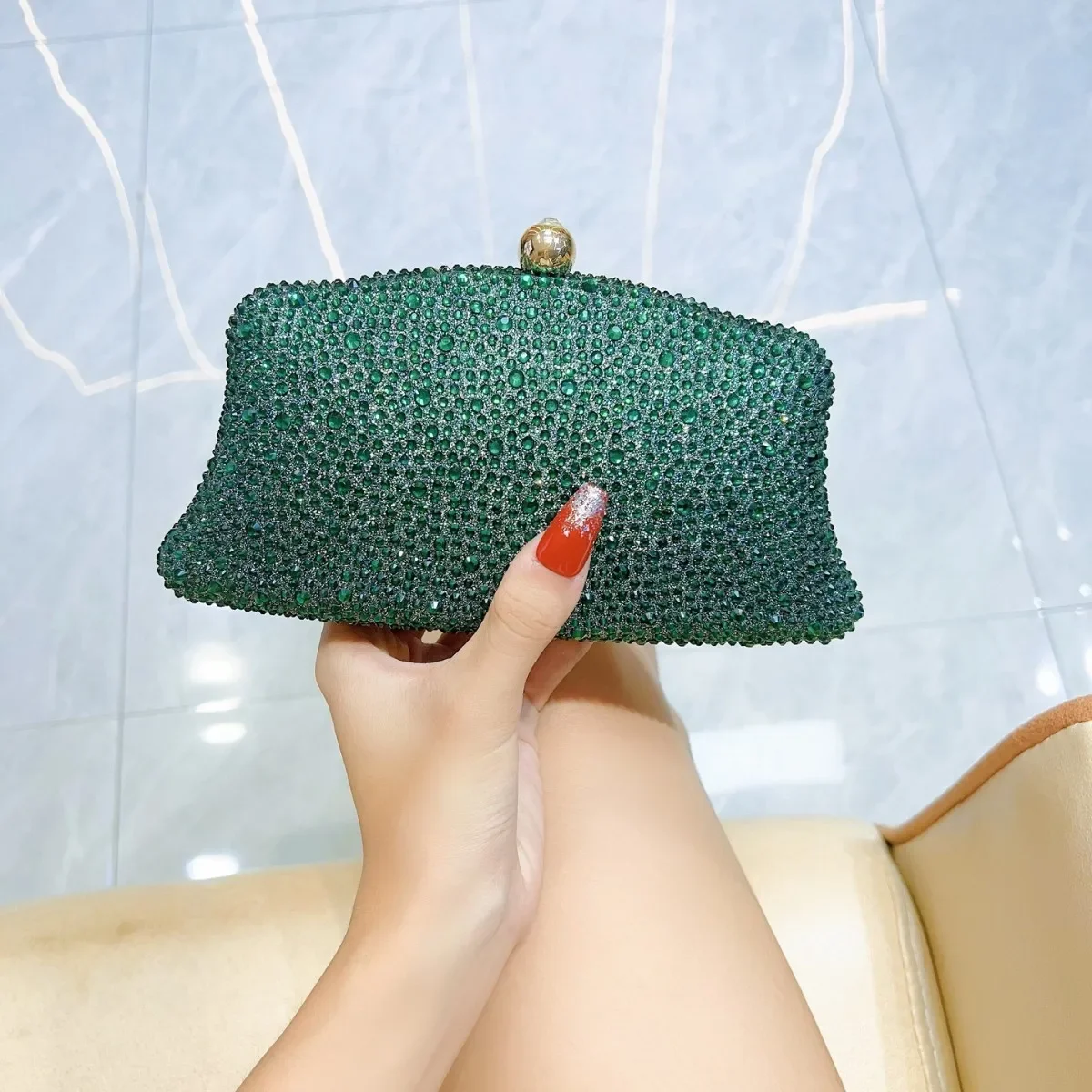 

Fashion Luxury Full Drill Dinner Evening Bags For Women Fine Chic Green Silver Champagne Small Clutches Prom Party Shoulder Bags