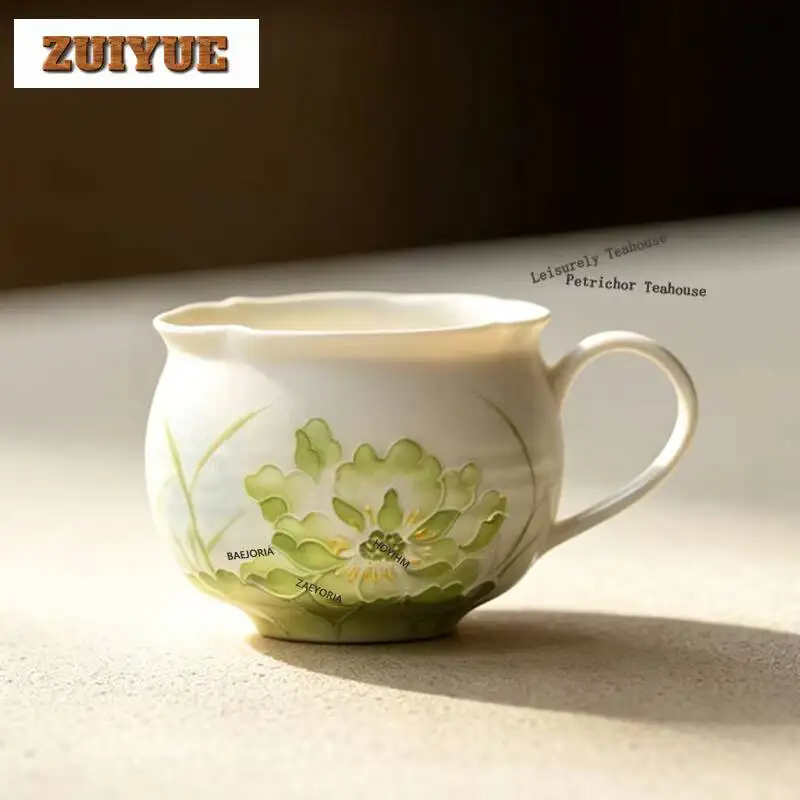 HOYIHM 170ml Hand-painted Green Lotus Teacup Retro Tea Bowl Cute Cup Tea-tasting Smelling Cup Jianzhan Master Cups Household Cha
