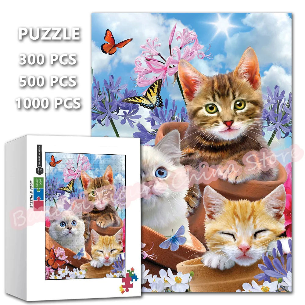 

300/500/1000 Pieces Jigsaw Puzzle Naughty Pets Cute Cat Animals Print Puzzle for Kids Educational Toys Games Family Gifts