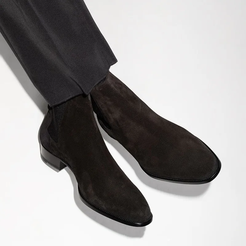 Black Men Chelsea Boots High Quality Cow Suede Square Toe Wear Fashion Business Casual Party Wedding Daily All-match Men Shoes