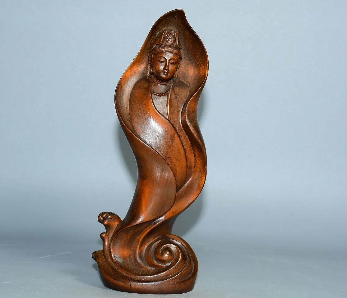 

8"Tibetan Temple Collection Old Boxwood Lotus Leaf Guanyin Bodhisattva Station Buddha Amitabha Worship Hall Town house