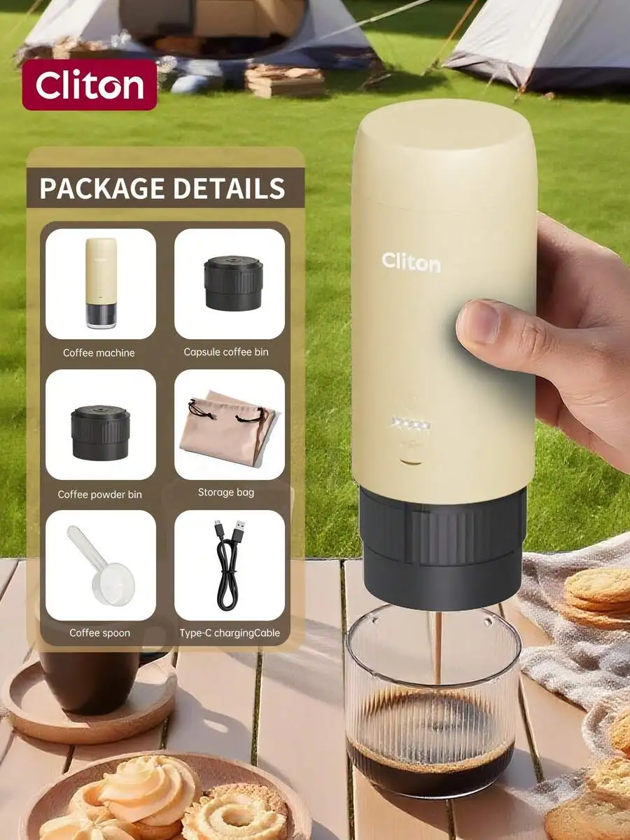 Portable Espresso Maker In Beige, Black, Green; Single Machine Or Gift Set With 1800mAh Grinder And 500mAh Frother, Rechargeable