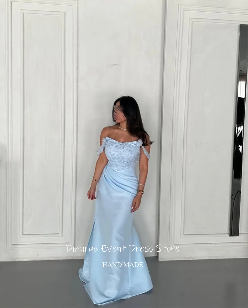 فستان سهرة Dianruo بدون أكتاف حورية البحر كريستال على شكل زهرة فساتين سهرة أنيقة من الساتان بطيات عربية عربية مخصصة