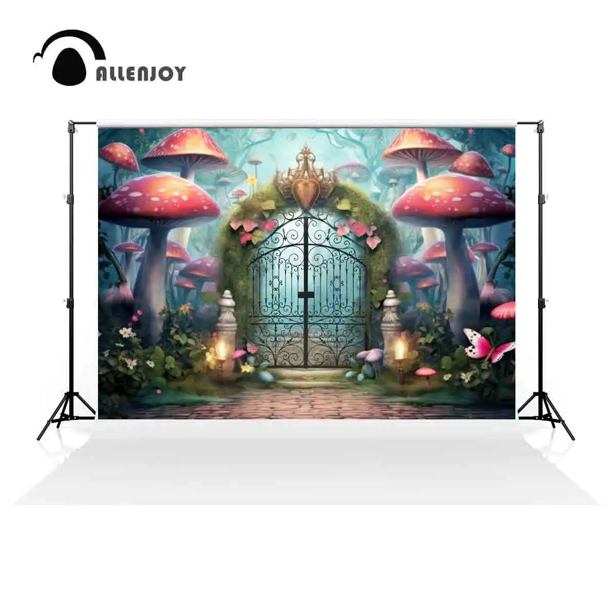 Allenjoy Wonderland Forest Mushrooms Gate Backdrop