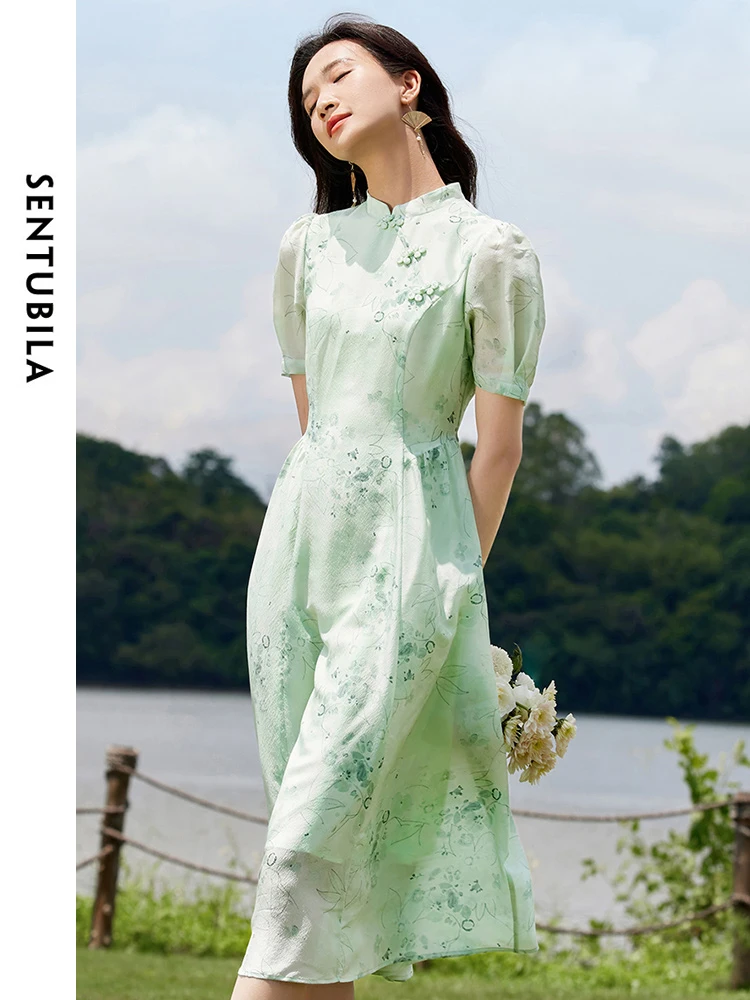 SENTUBILA Floral Printed Midi Silk Dresses for Women 2024 Spring Summer Stand Neck A-line Chinese Style Elegant Dress Q32L50728