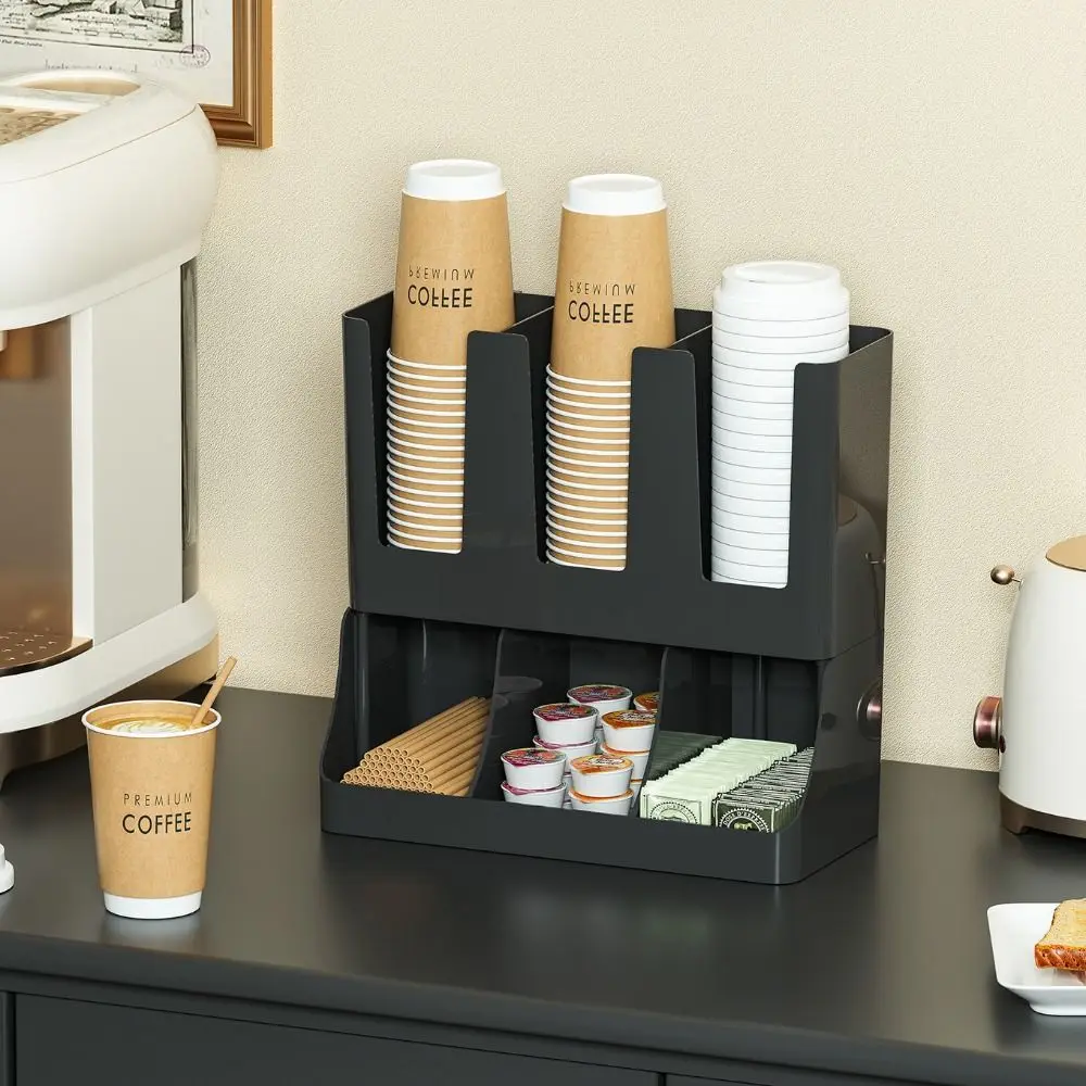 

6 Compartments Upright Paper Cup Dispenser Multi-Functional Space Saving Cup Organizer Rack Stable Stackable Bar Cup Storage