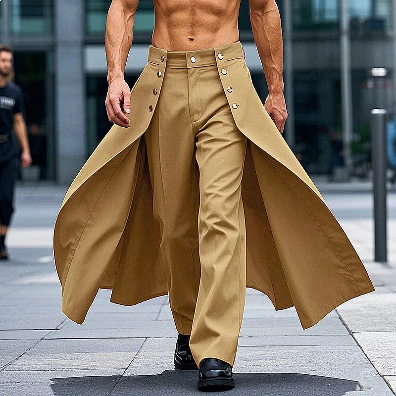 Men's Faux Two-Piece Belted Hem Wide Leg Pants Casual Trousers Trousers Spring Summer