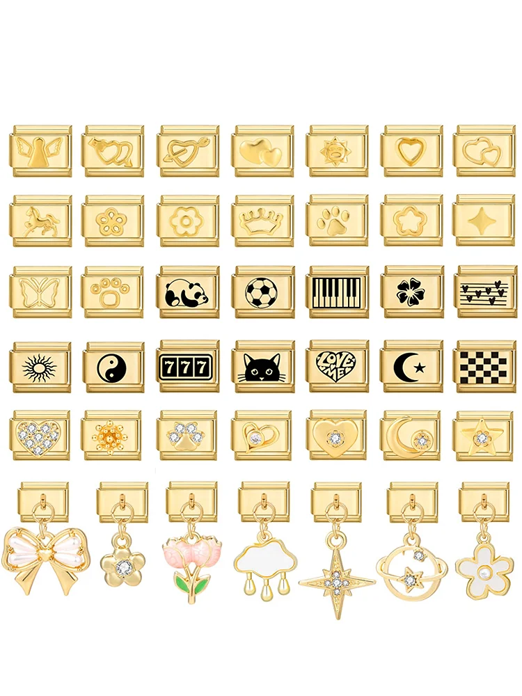Bracelet en acier inoxydable pour bricolage, breloque italienne, maillons en forme de cœur, fleurs, lune, chapelle Tai, Sun Zunderes, document en or, bijoux à la mode, 9mm