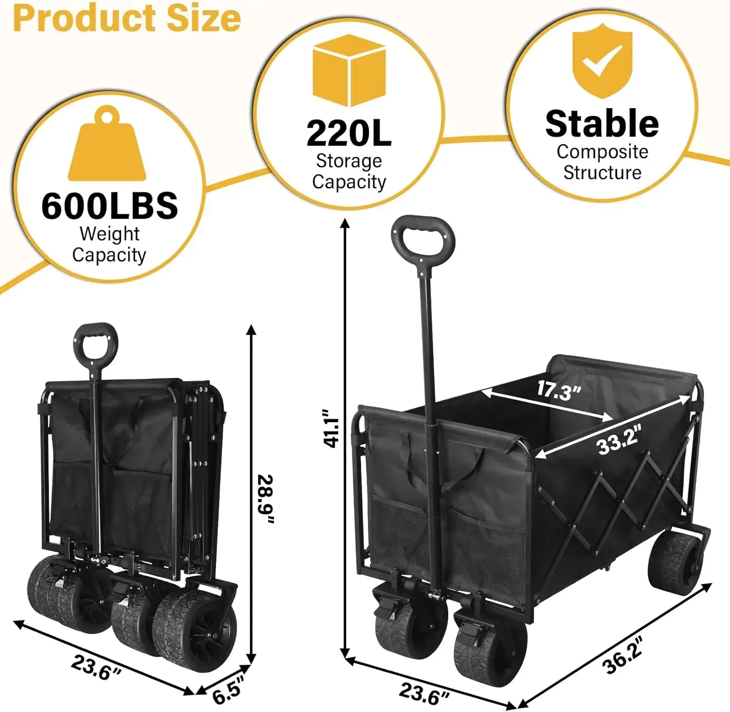 Foldable Wagon Cart with Wheels, Heavy Duty Collapsible Wagon, 600 lbs Capacity, 220L Large Capacity Utility Wagon, Dual Brakes