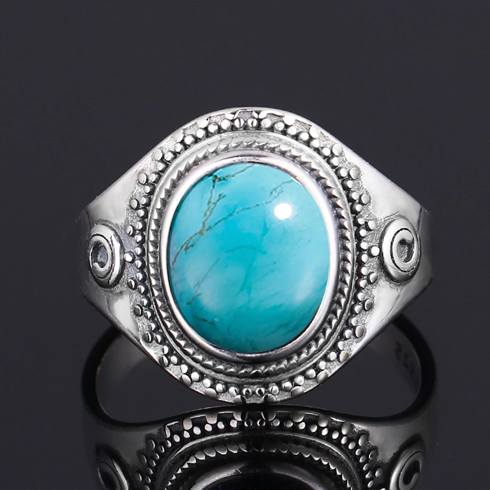 S925 Silver Ring Big Oval 8*10MM Natural Moonstone Turquoise Lapis Tiger Eye Rings for Women Gifts Fine Jewelry