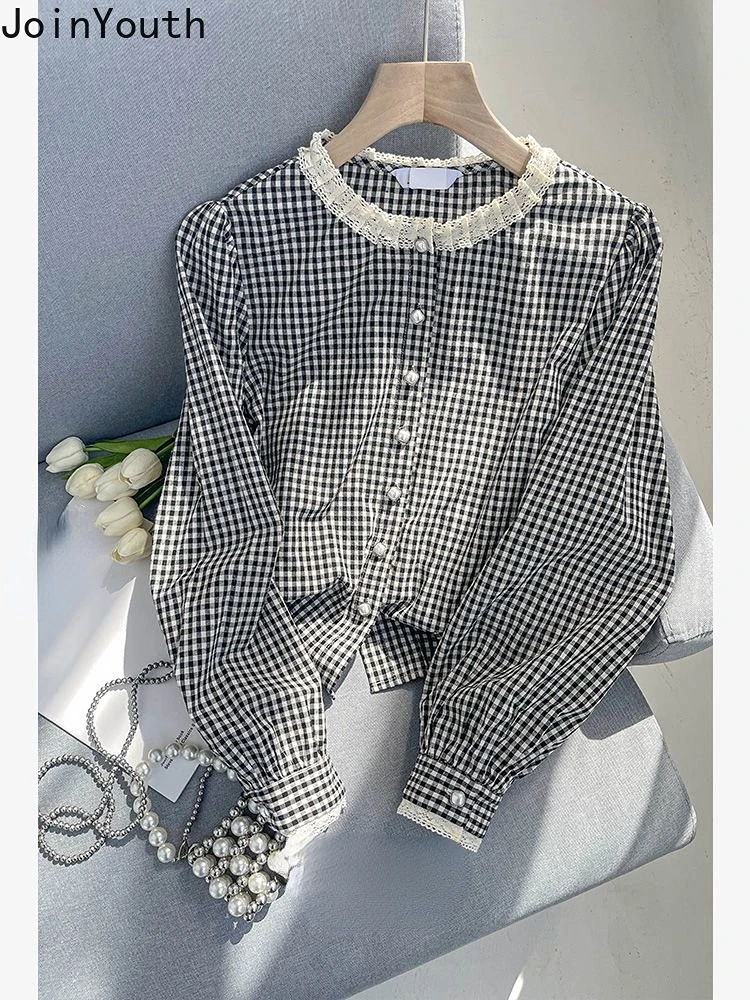 Fashion Plaid Women Blouse 2023 Blusas De Mujer O-neck Long Sleeve Ruffles Temperament Tops Female Tunic Korean Vintage Shirts