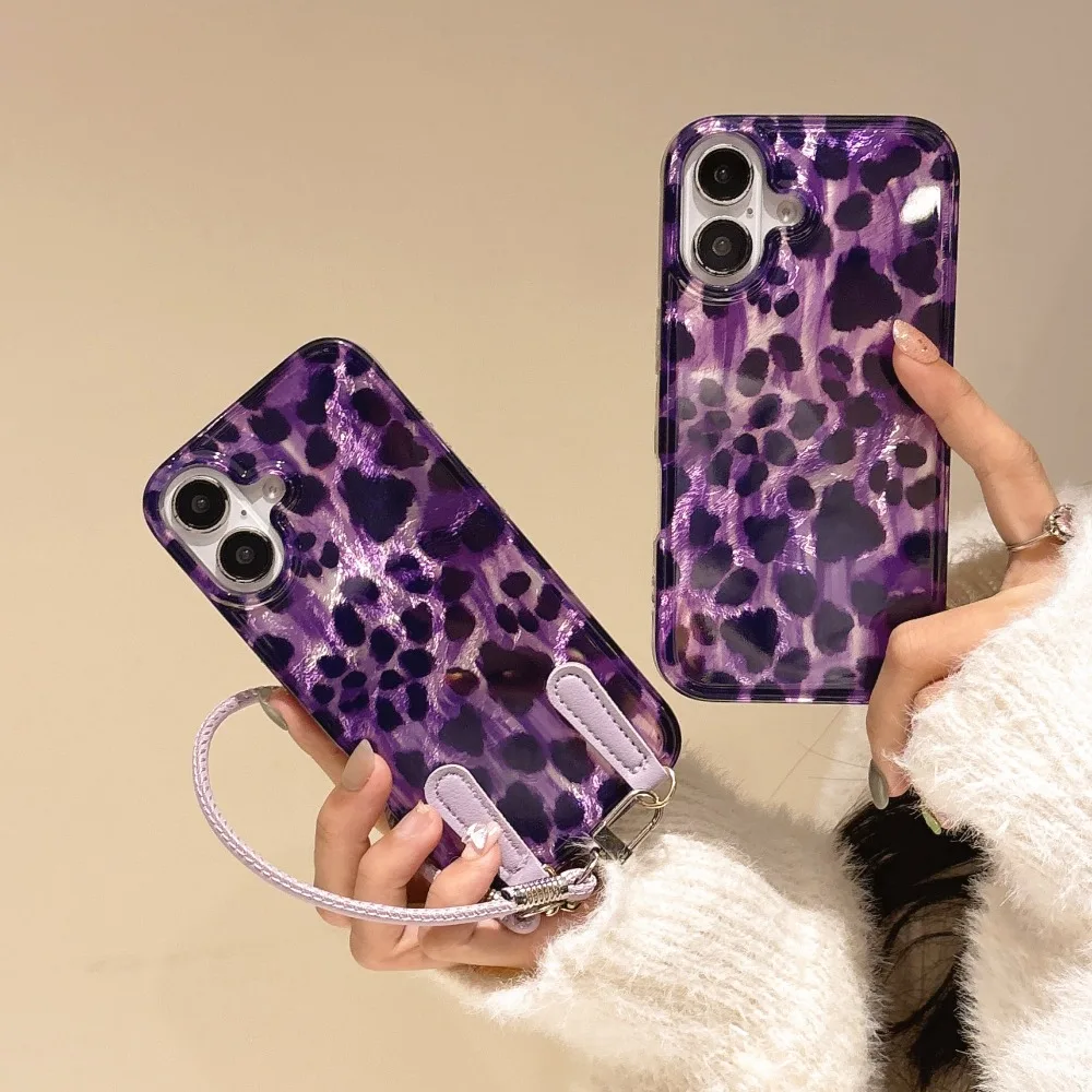 

Новый чехол для телефона в корейском стиле INS с фиолетовым леопардовым принтом для iPhone 16 15 14 13 Pro Max, противоударный защитный чехол с ремешком