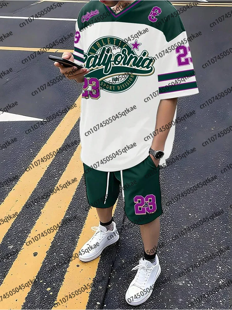 

California N0.23 Short Sleeve TShirt Shorts Set Fashion Colorblock Gradient Unisex Tracksuit Oversized 2 Piece Set Sportwear