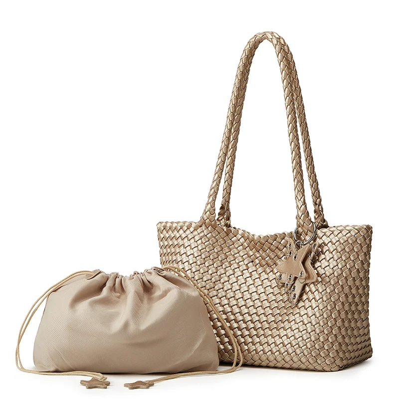 Elegant Fashionable Women's Tote Bag with Drawstring Underarm Mat Mother-Child Design Woven Single Shoulder Bag