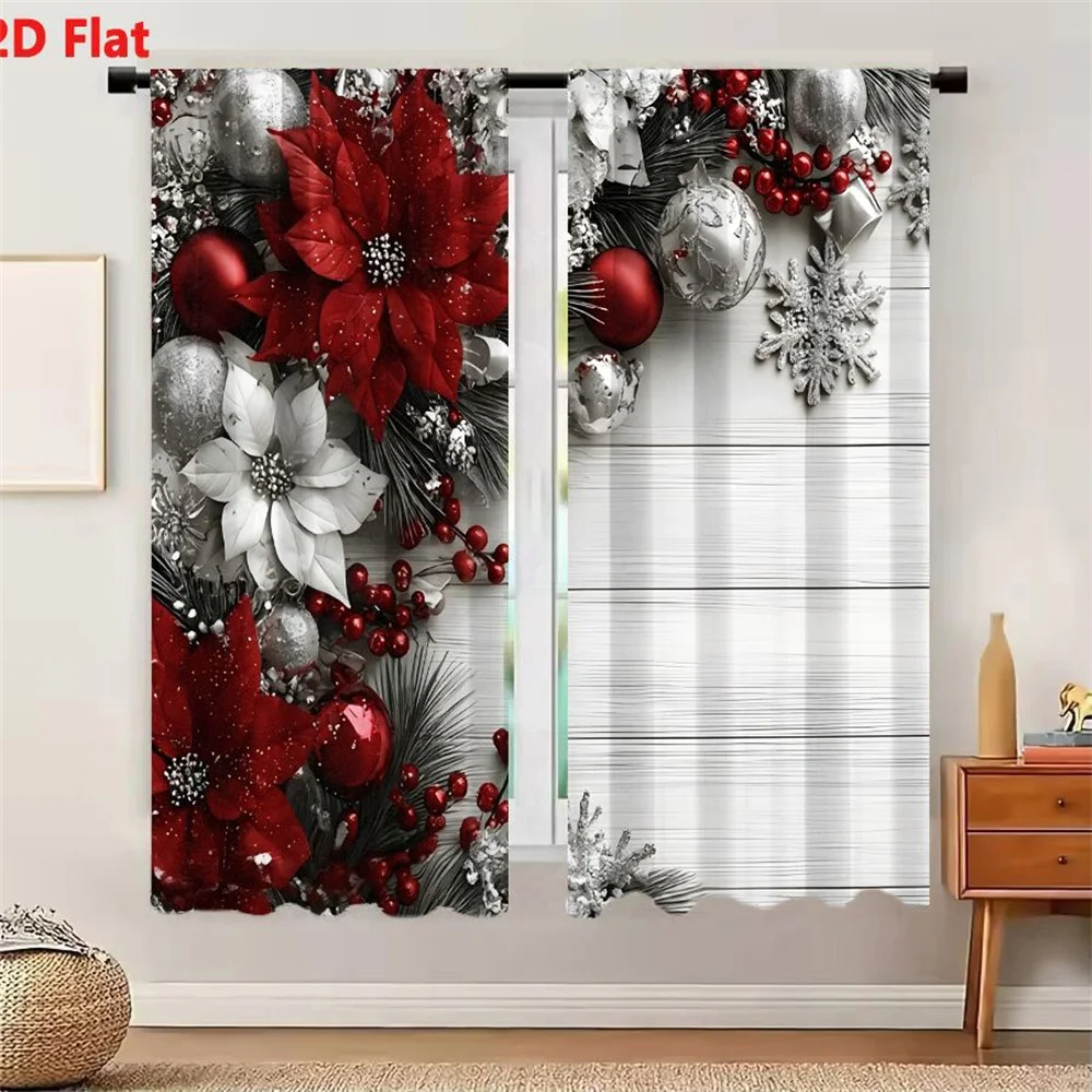 2Pcs Curtains Festive Christmas Decor With Red And White Poinsettias Silver Baubles Green Pine Berries And Snowflakes Window Dra