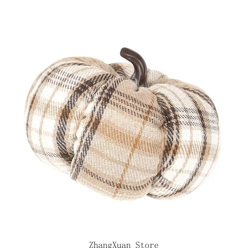 Stuffing Plaids Fabric Pumpkin Decoration for Halloween Tabletop Displays 3XUF