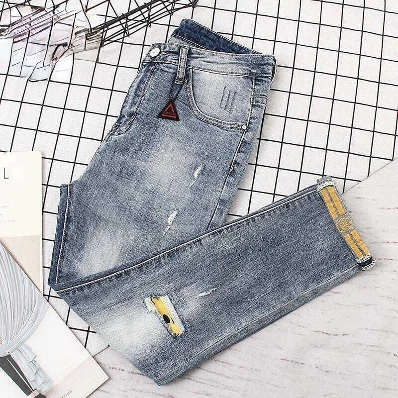 Spring Summer Washed Slim Vintage Clothes Men Street Wear Star Ripped Hole Patch Denim Punk Cargo Jeans Man Cowboy Trousers