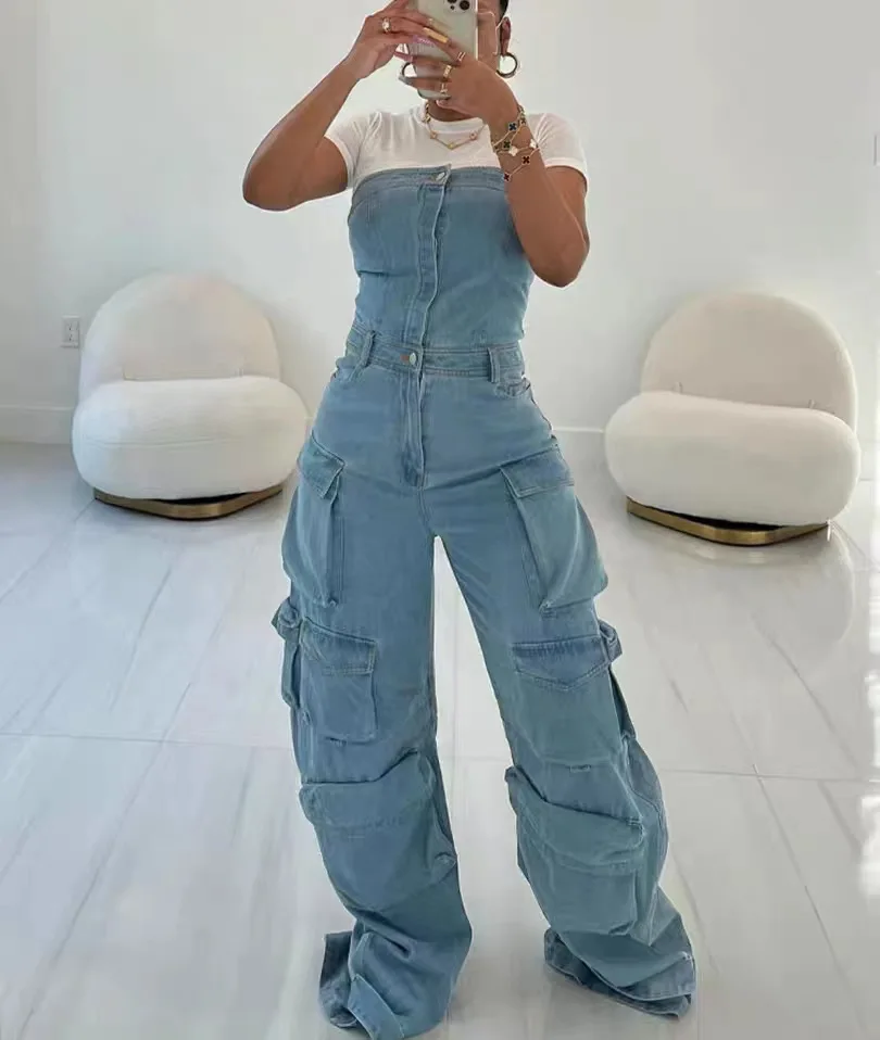 Women\'s strapless jeans, wide-legged trousers, high-waisted, sweet, solid, Joker style, new luxury designer for 2024