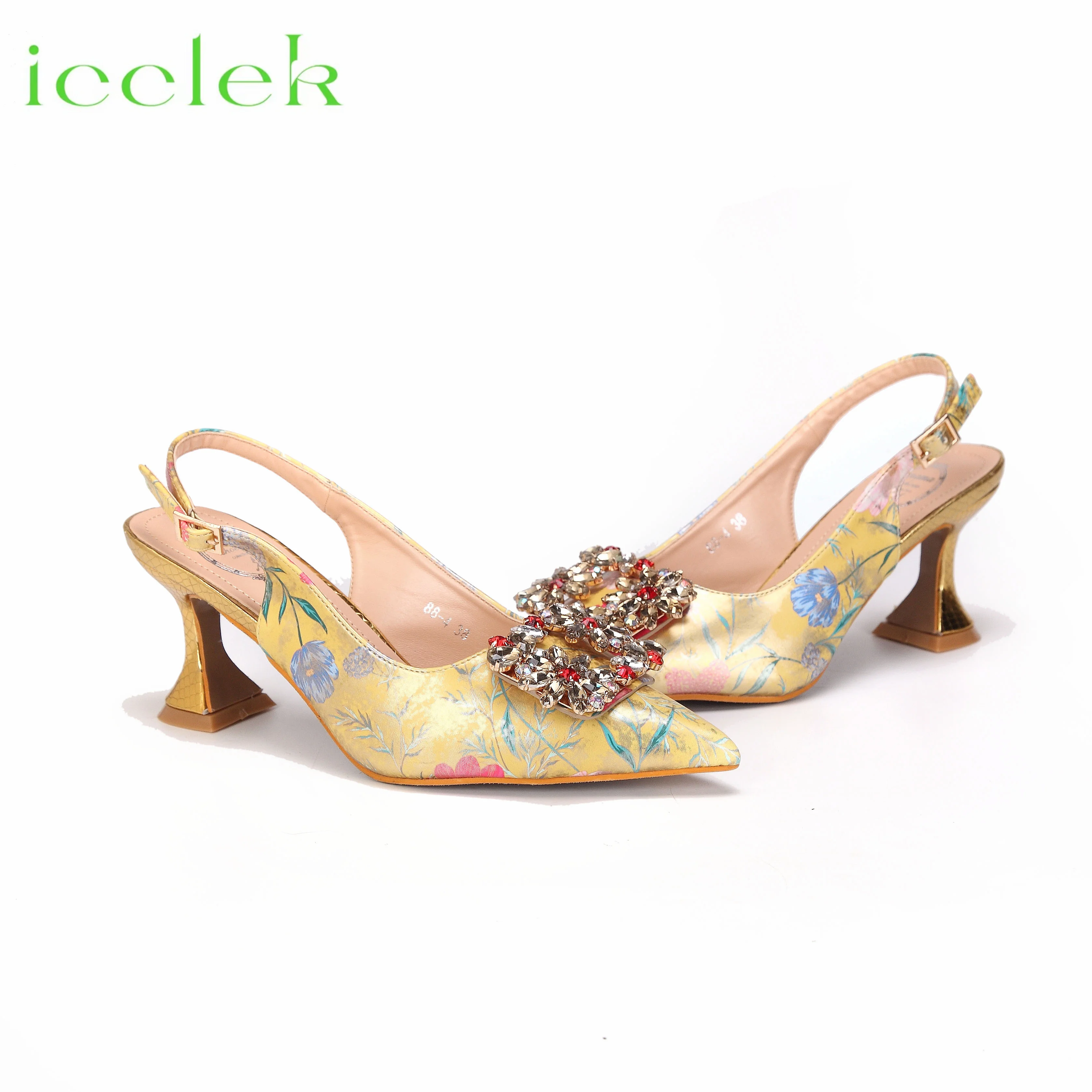 Italian Design Girly Style Pointed Toe Sandals Shoes And Bag Printing Flower Material Decoration with Crystal For Wedding Party