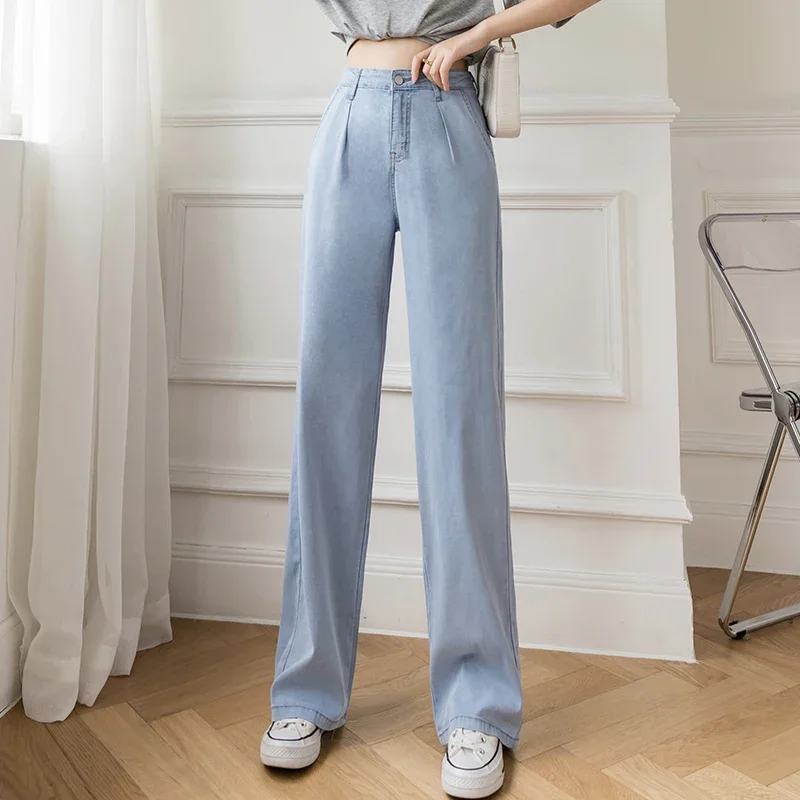 Women Casual High Waist Loose Thin Pants 2024 Summer Wide Leg Jeans Loose Ice Silk Straight Trousers Female Long Denim Pants Pop