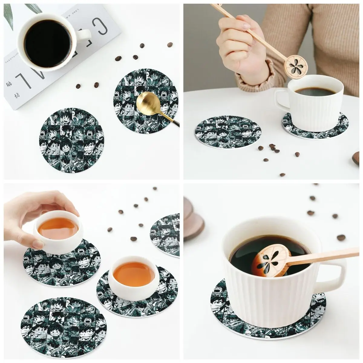 Deku Hero Collage My Hero Academia Coasters Kitchen Placemats Non-slip Insulation Cup Coffee Mats  Tableware Pads Set of 4