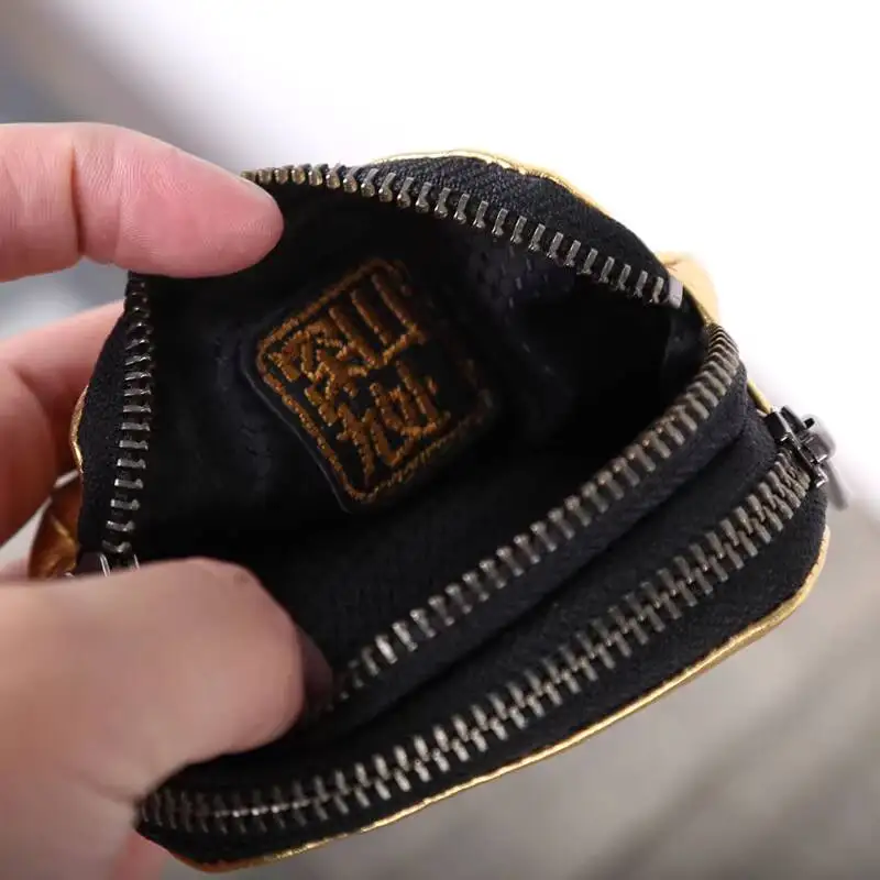 HKSH Men Original Handmade Genuine Leather Coin Purse Card Holder Gold Cowhide Bag Storage Mini Pouch Women Punk Stylish HK18371